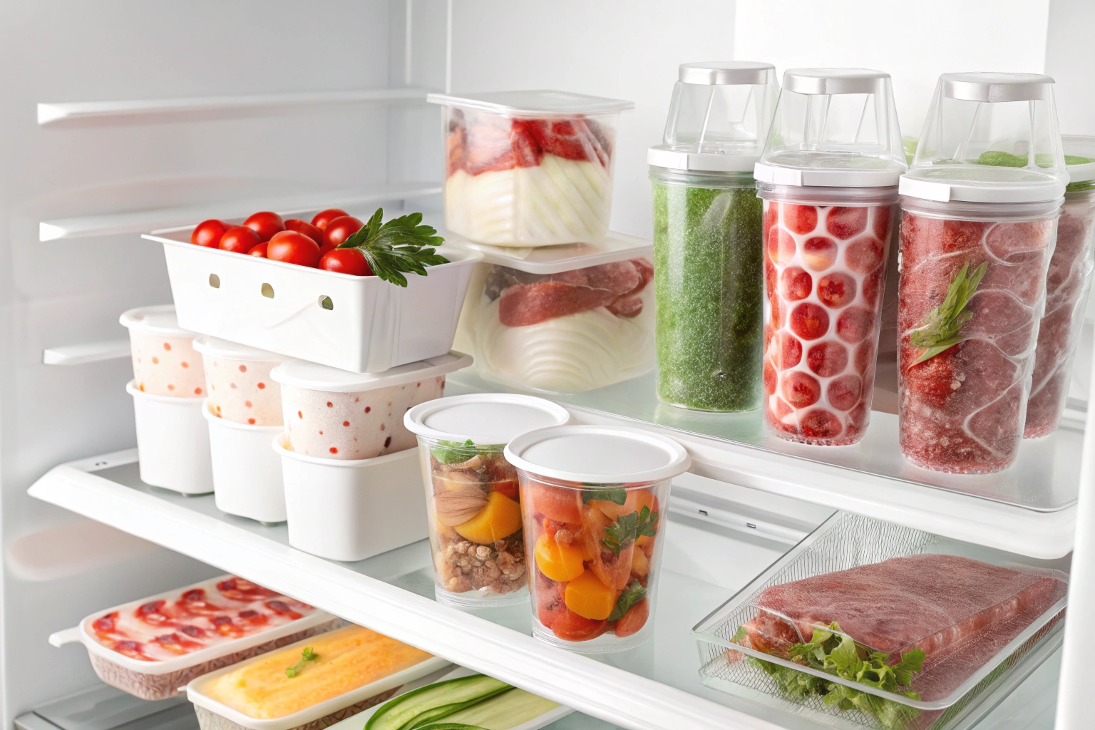 Organized refrigerator shelf with various frozen fruits, vegetables, and pre-packed meals in plastic containers.