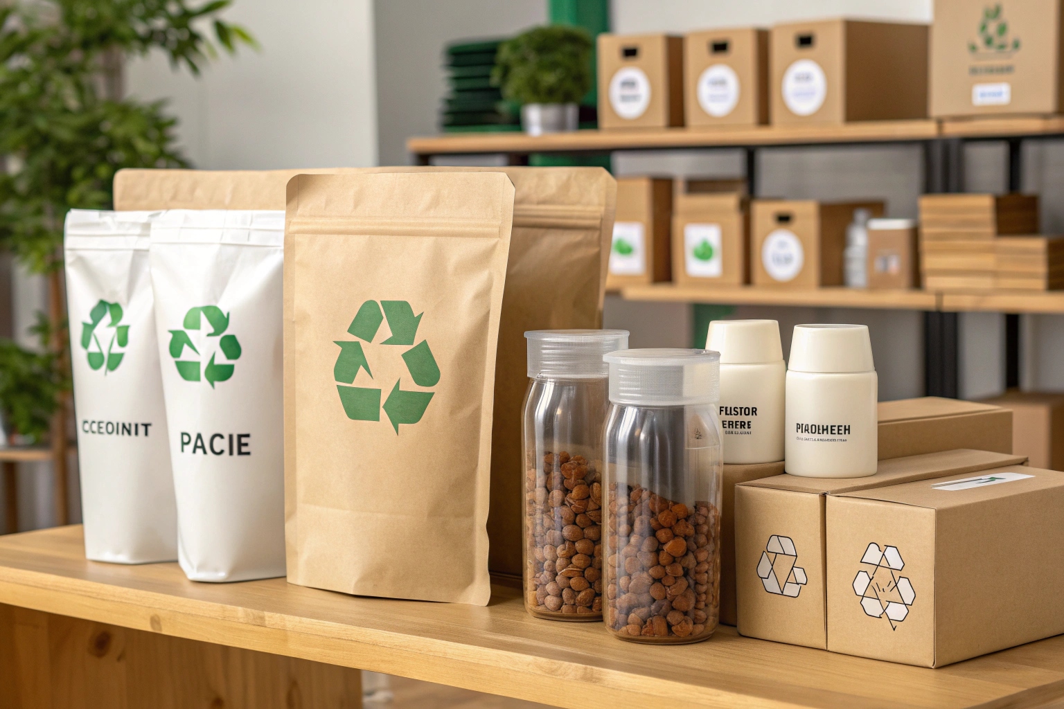 Eco-friendly packaging with recyclable symbols on pouches, jars, and boxes in showroom.