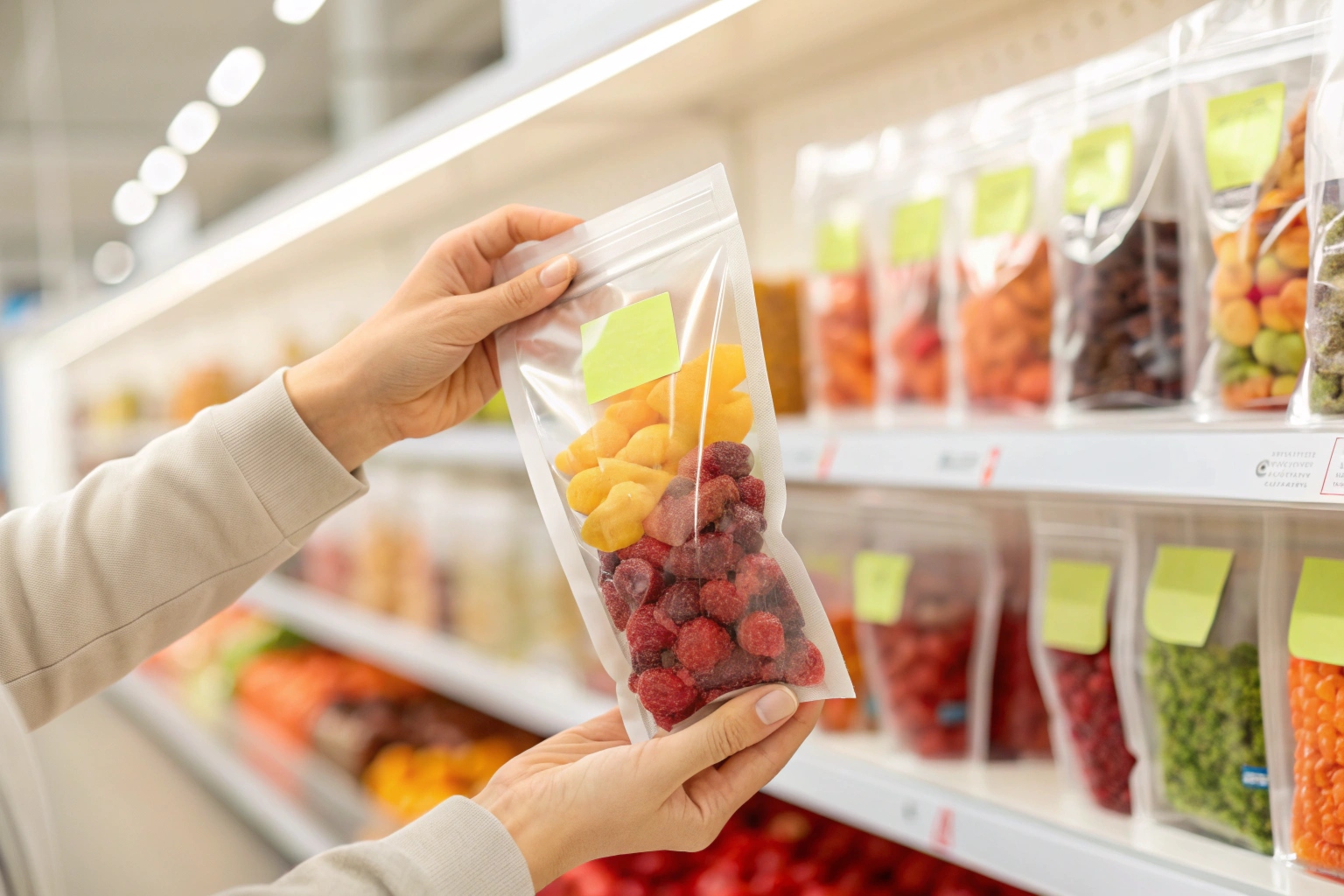 Shopper holding clear stand-up pouch with dried fruits in supermarket snack aisle.