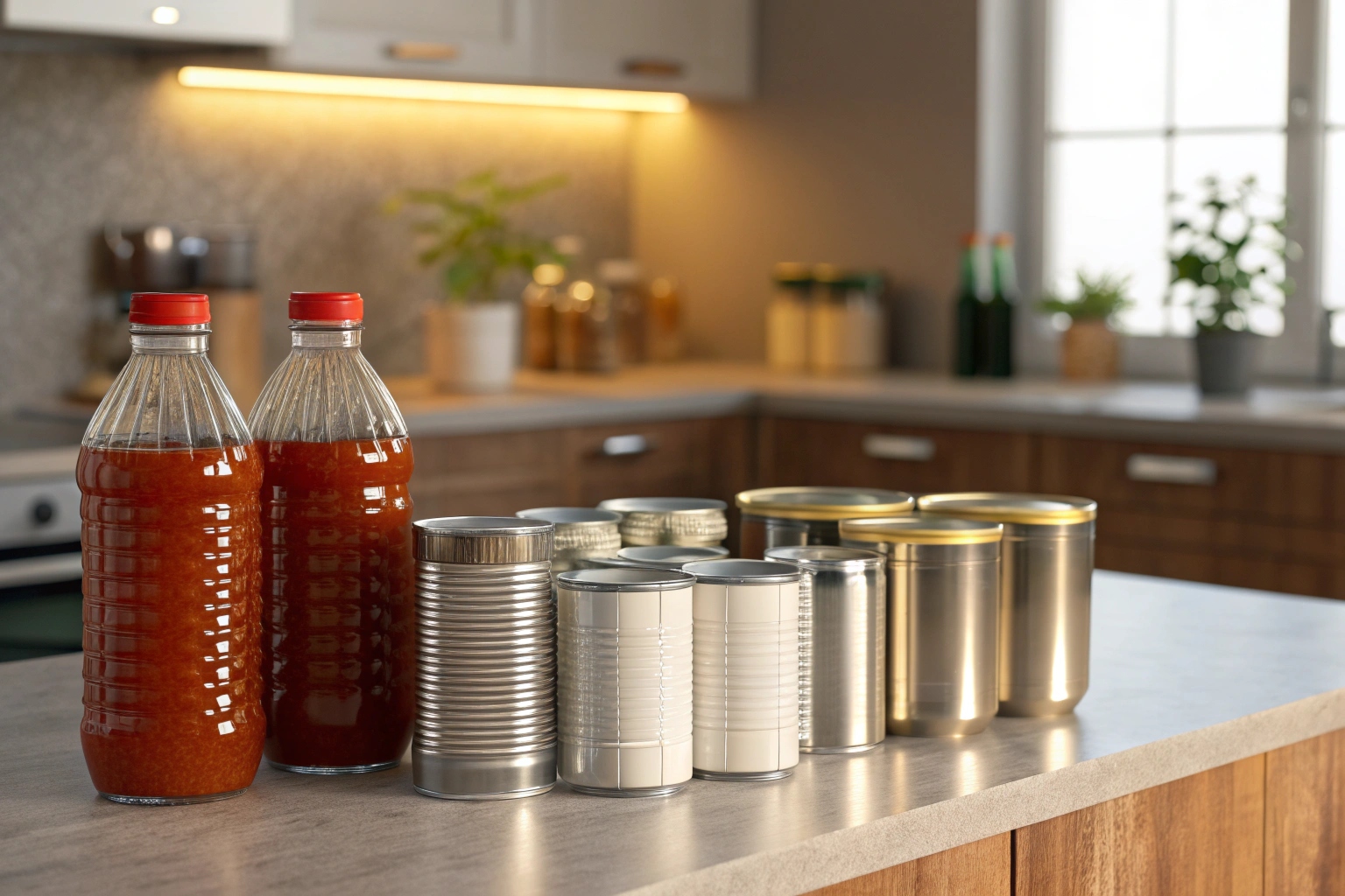 Assorted metal food cans and plastic sauce bottles on kitchen counter under warm lighting.