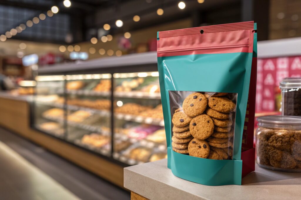 Stand-up pouch with window displaying chocolate chip cookies in bakery setting.