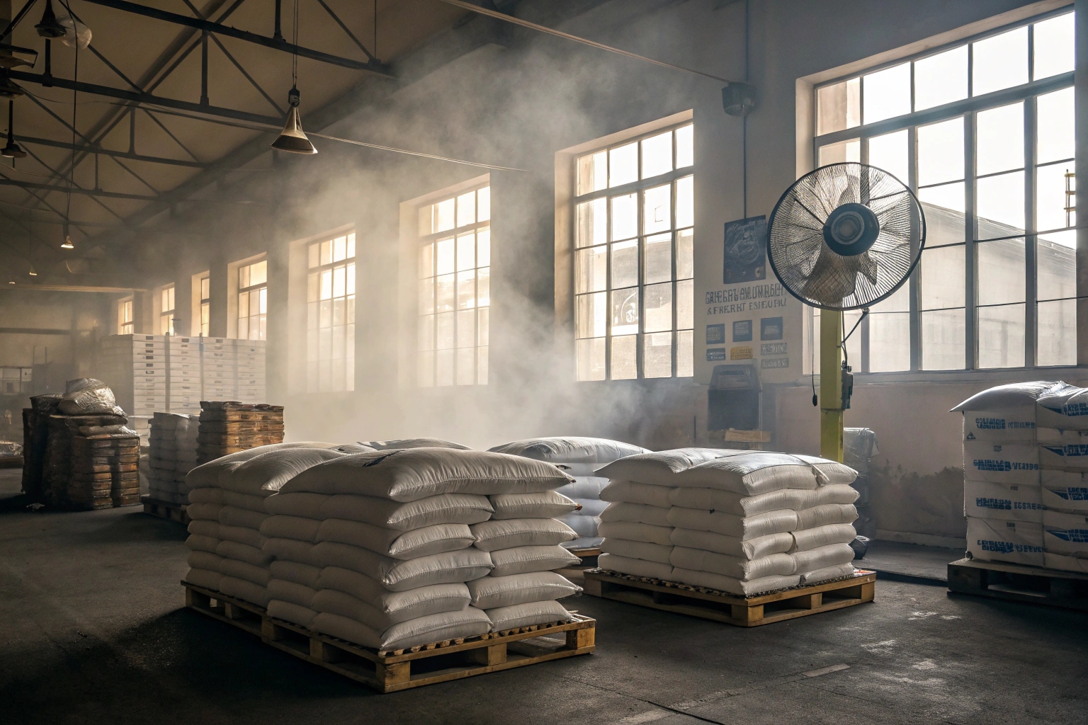 Stacks of white industrial sacks on wooden pallets in a warehouse with natural light and ventilation fan.
