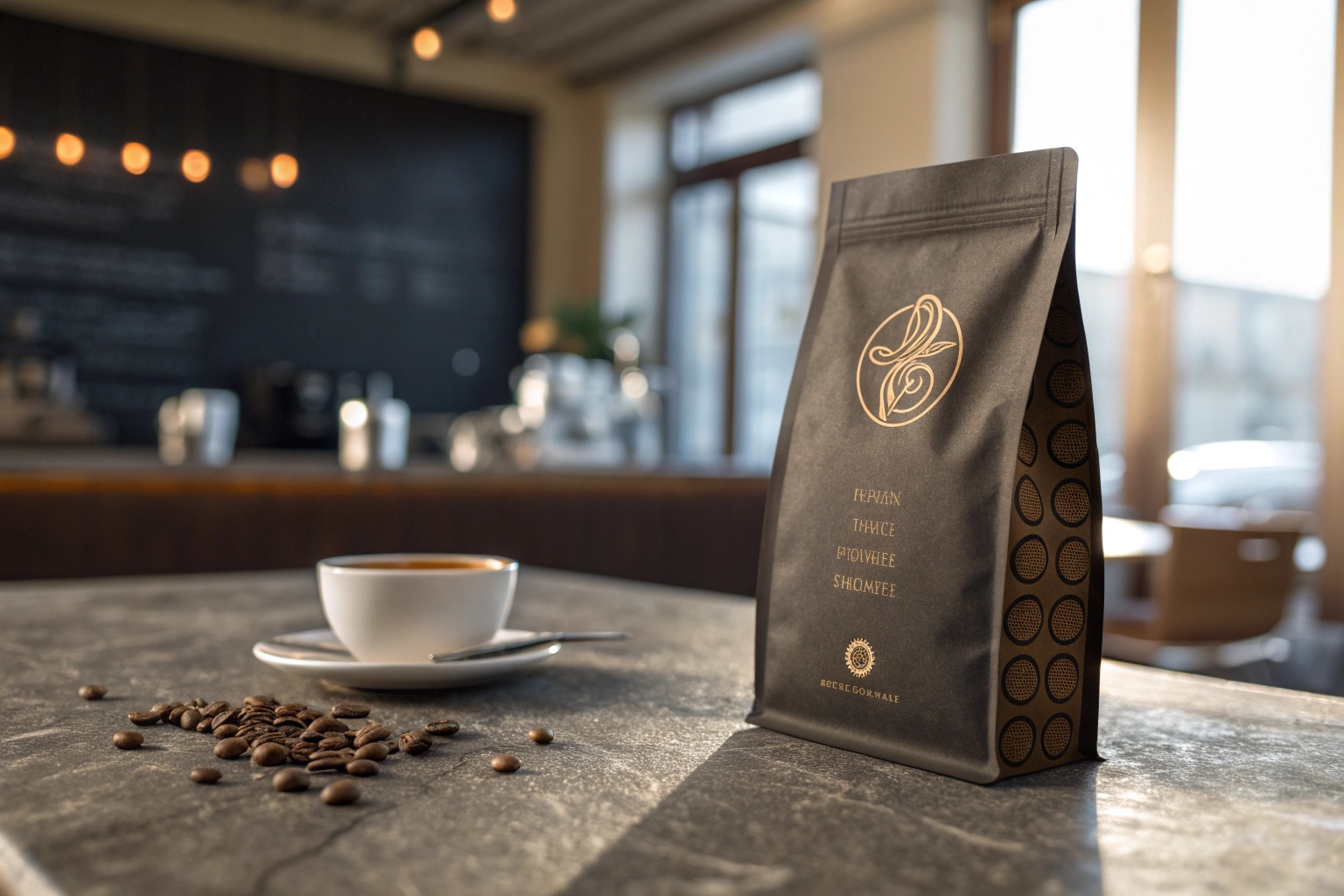 Elegant matte black coffee bag with gold accents next to cup of espresso and coffee beans in a cozy café.