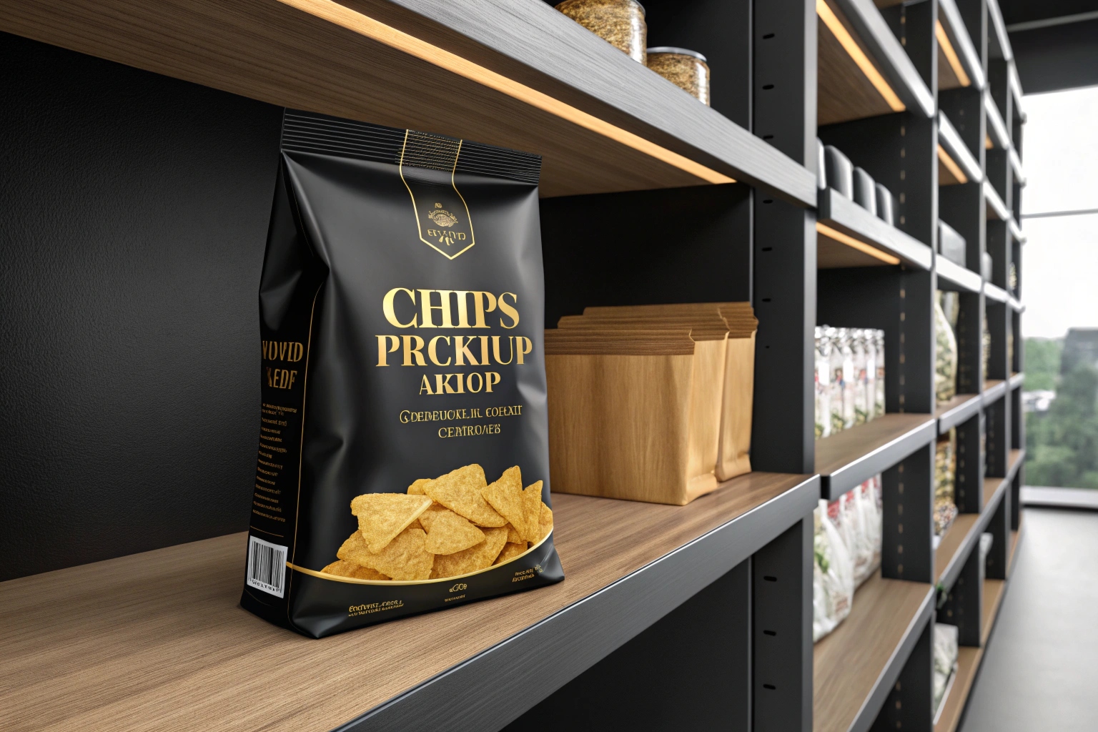 Matte black pouch with gold accents displaying triangle corn chips on wooden shelf.