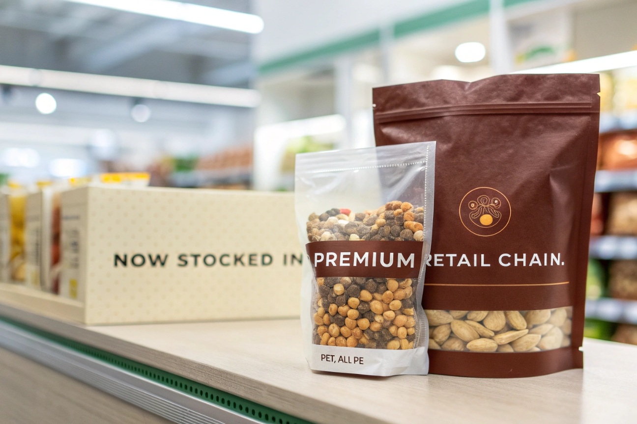 Clear and kraft stand-up pouches filled with nuts displayed in a retail store with promotional signage.