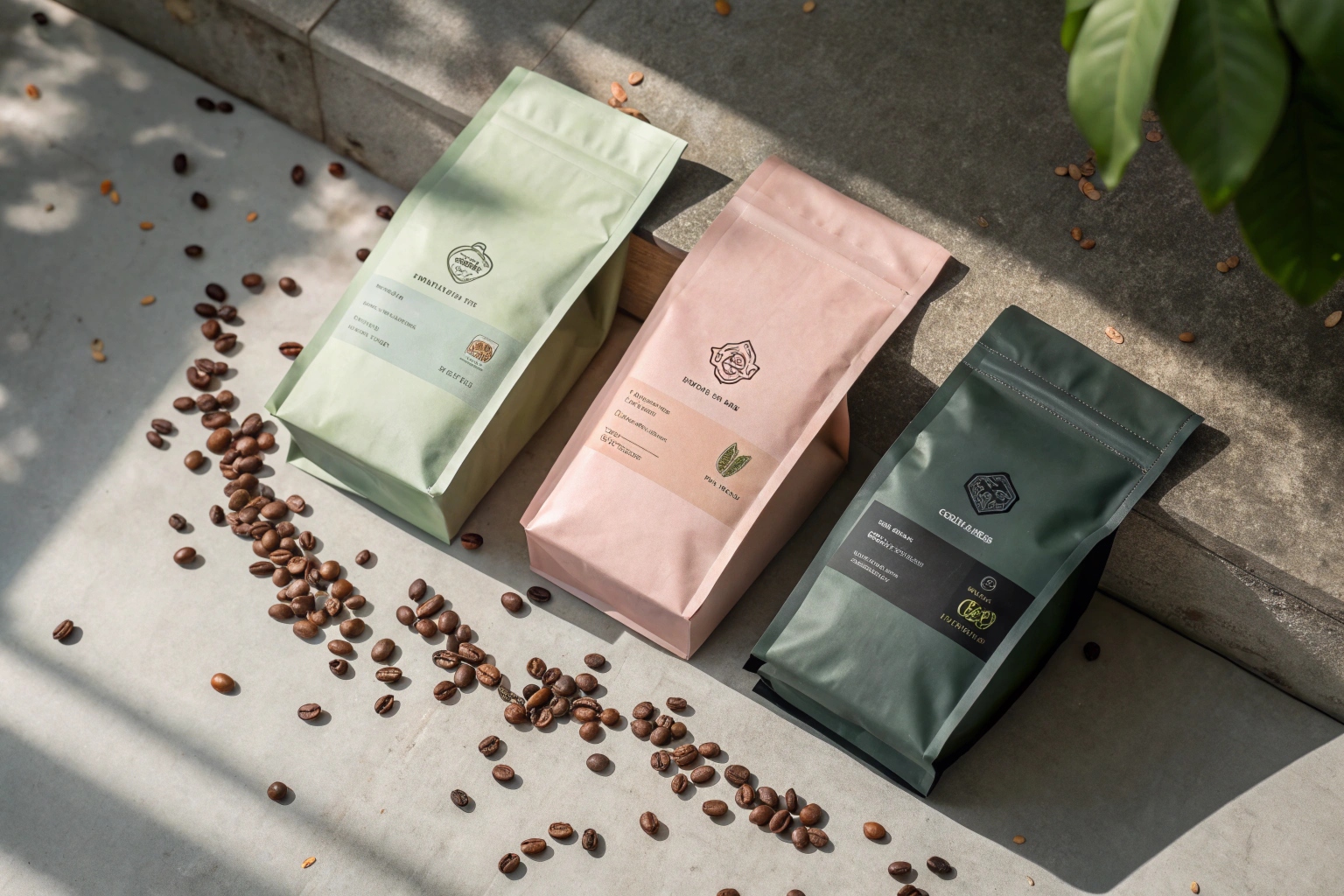 Three matte stand-up coffee pouches in pastel colors with scattered roasted beans on concrete background under natural sunlight.