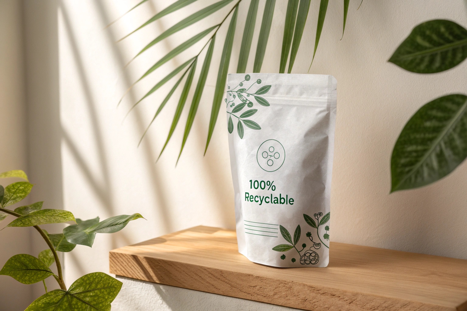 Eco-friendly white pouch with green leaf design and “100% Recyclable” label, placed among plants.