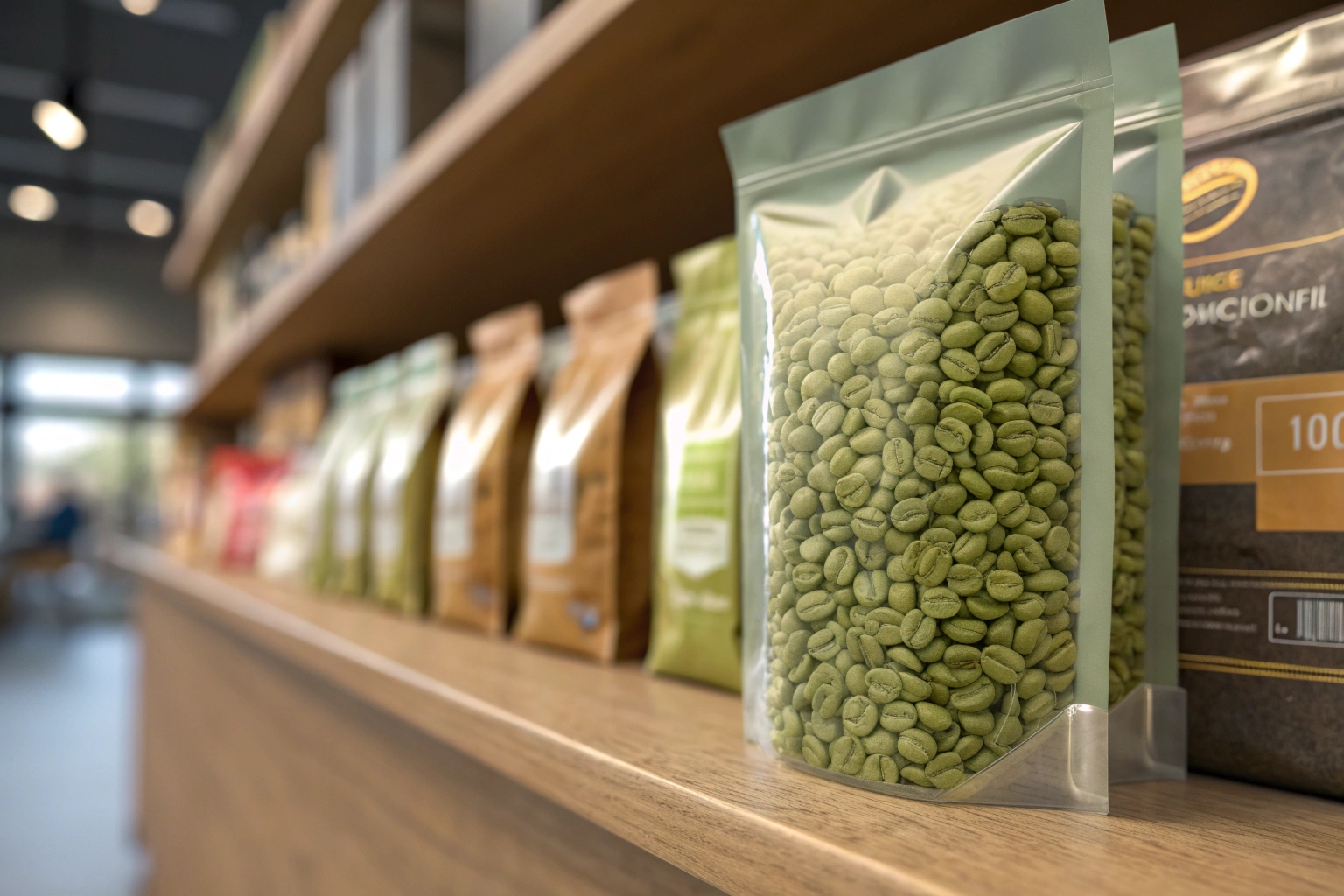 Transparent stand-up pouch filled with green coffee beans displayed on a retail shelf.
