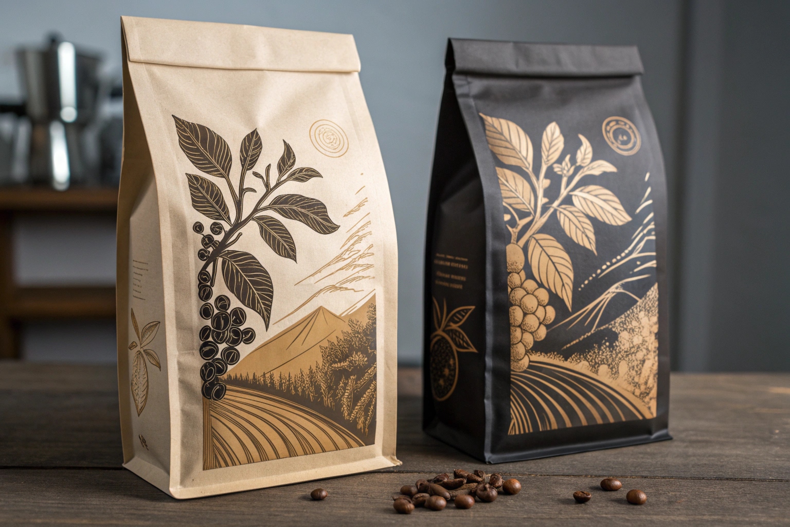 Two coffee bags with gold-foil botanical and landscape illustrations on kraft and black backgrounds.