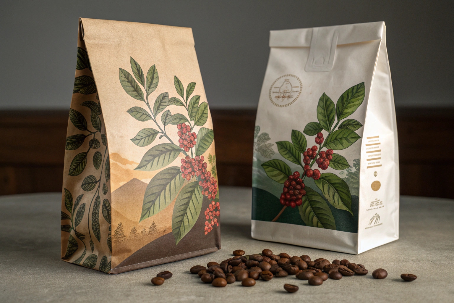 Two coffee bags with botanical illustrations of coffee plants and scattered roasted beans on table.