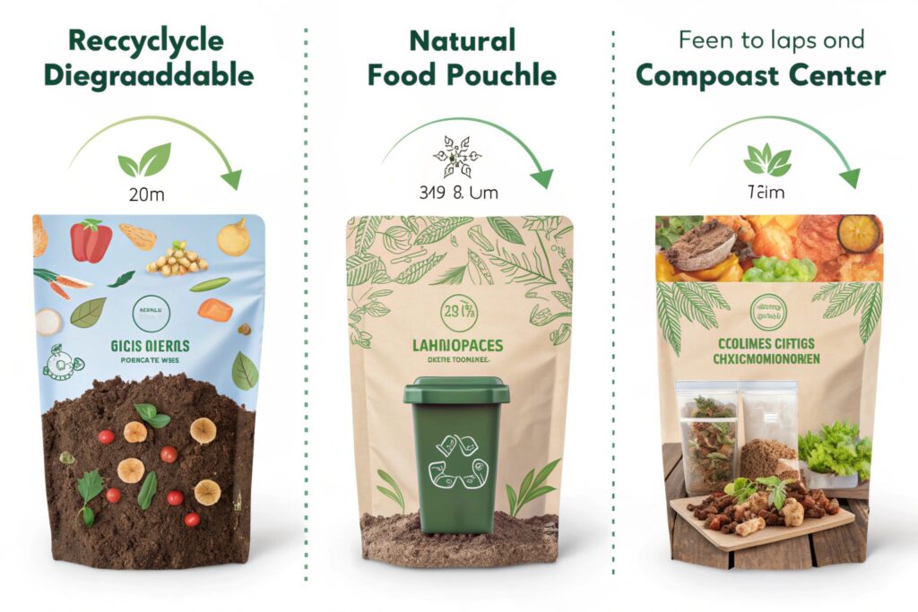 Eco-friendly compostable pouches with natural food graphics and sustainability icons.