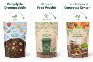 Eco-friendly compostable pouches with natural food graphics and sustainability icons.