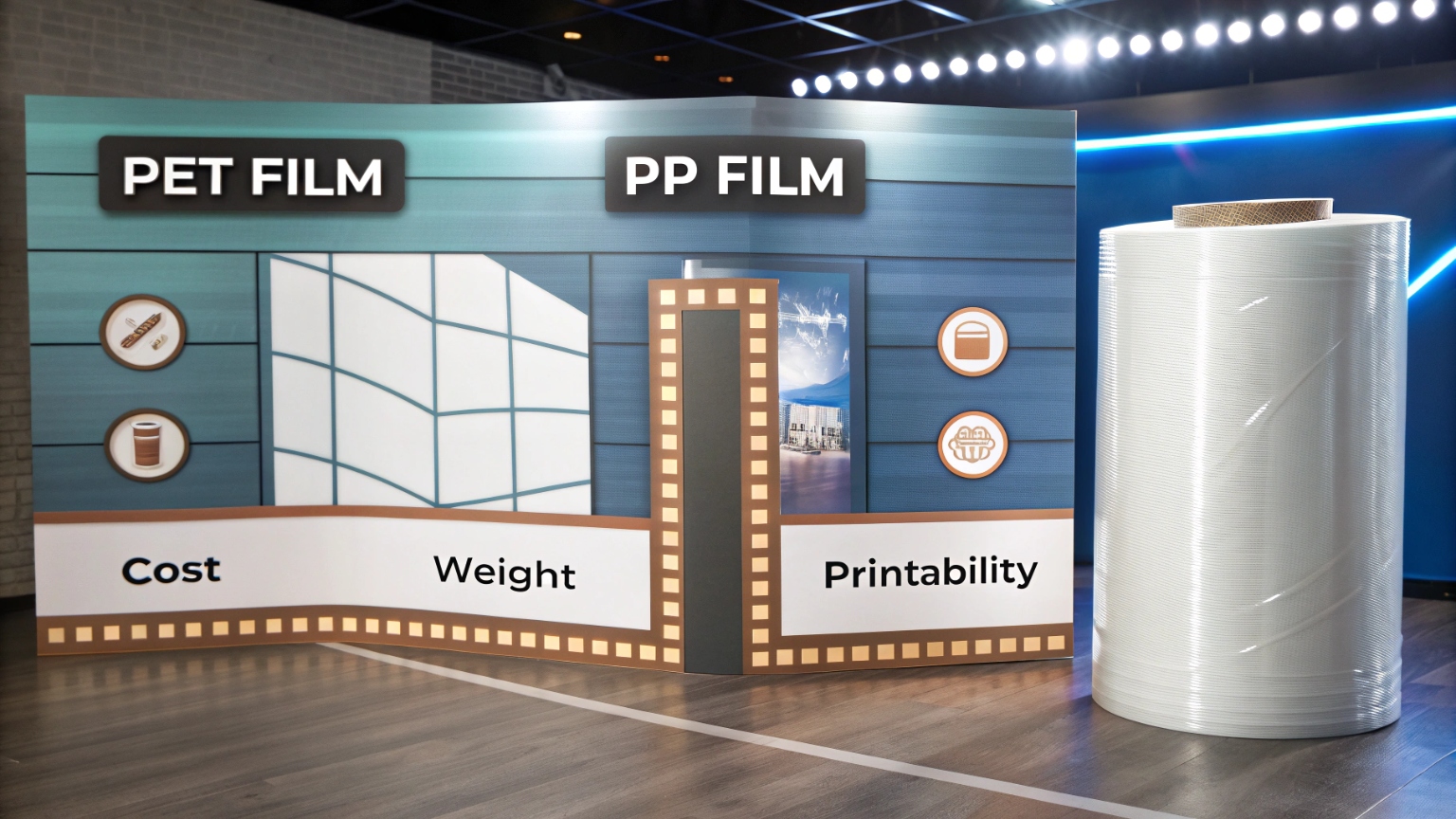 PET film vs PP film comparison chart highlighting cost, weight, and printability with film roll display.