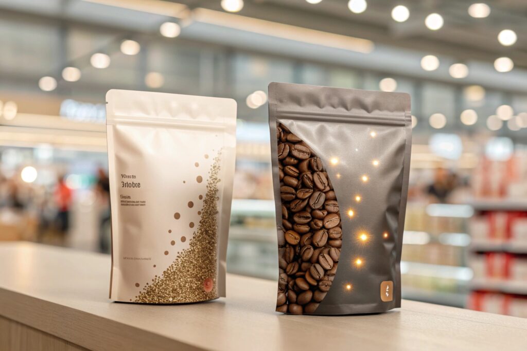 Two stylish stand-up pouches with zipper seals, featuring coffee beans and modern printed designs on display shelf.