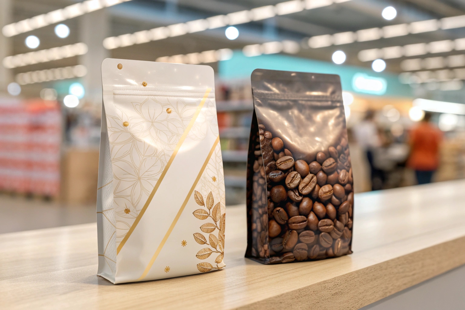 Two coffee stand-up pouches with zip locks, one with coffee bean print and one with floral design on store shelf.