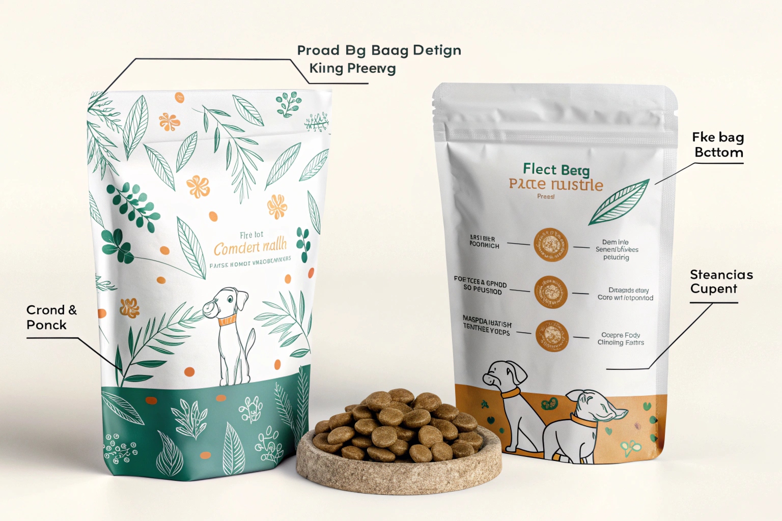 Two printed stand-up pouches for dog food with illustrated designs and labeled features.
