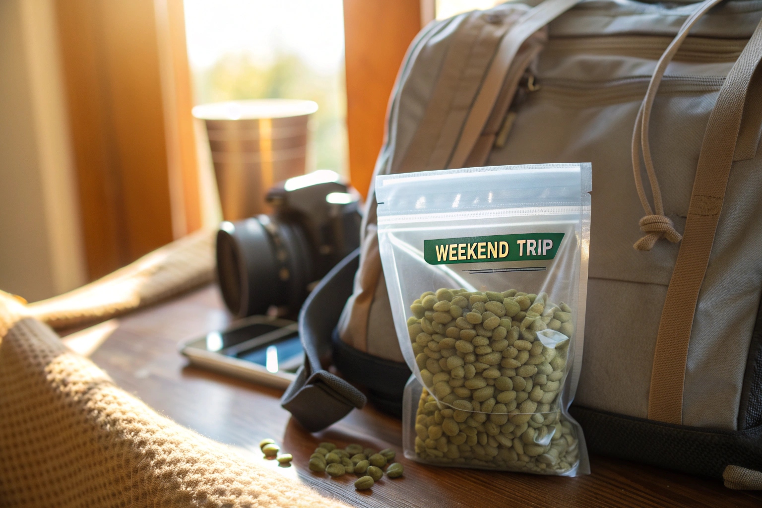 Resealable pouch filled with green coffee beans labeled “Weekend Trip” placed beside backpack and camera.