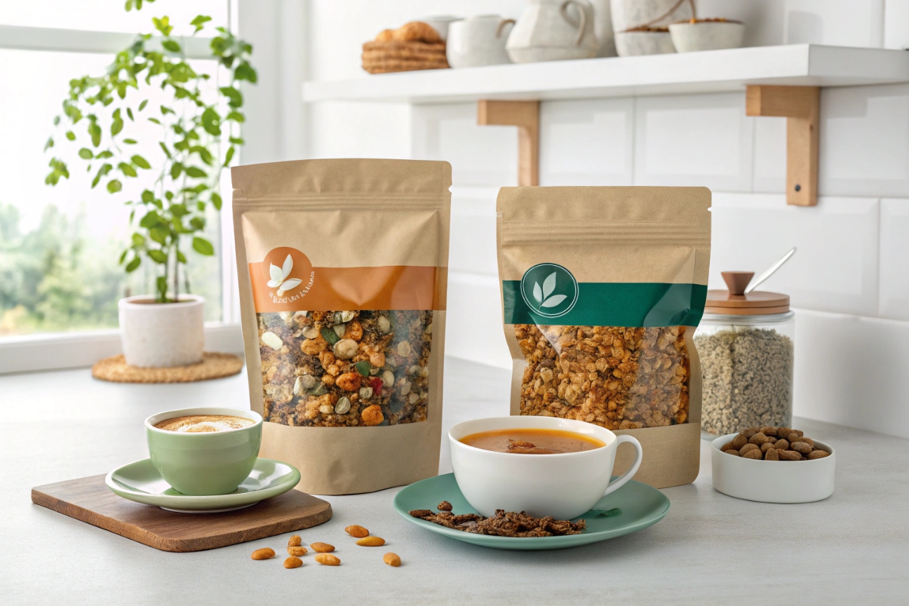 Clear and kraft stand-up pouches filled with nuts displayed in a retail store with promotional signage.