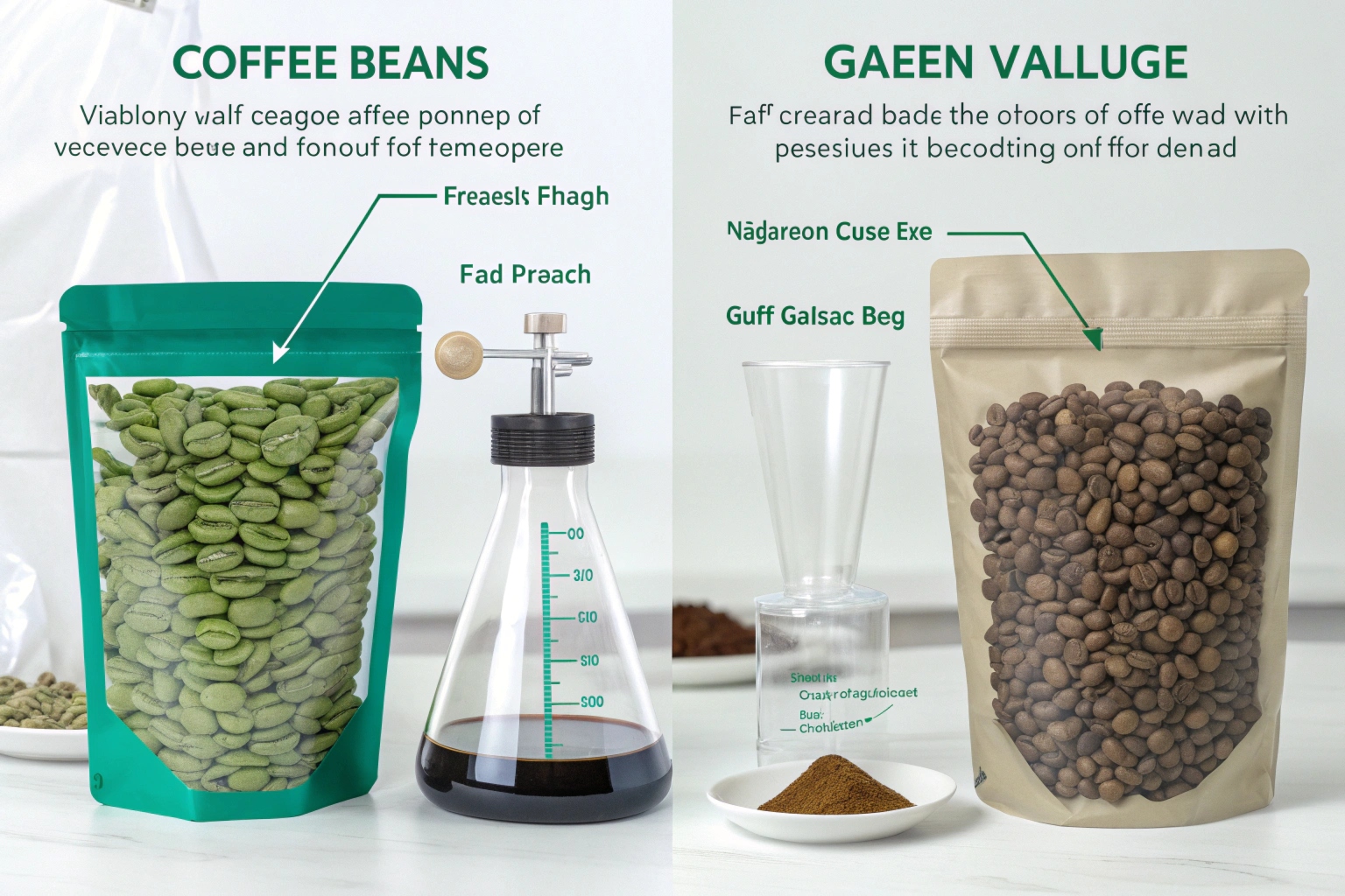 Vacuum-sealed pouch filled with green coffee beans, labeled for oxygen and moisture control.