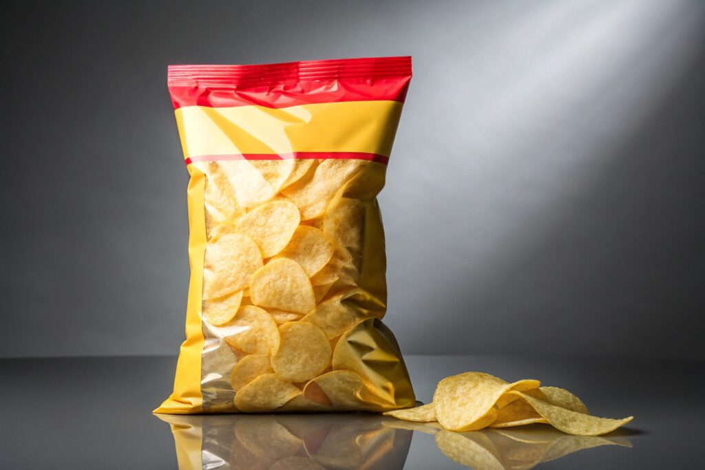 Glossy potato chips packaging bag with transparent window and chips spilled on reflective surface.