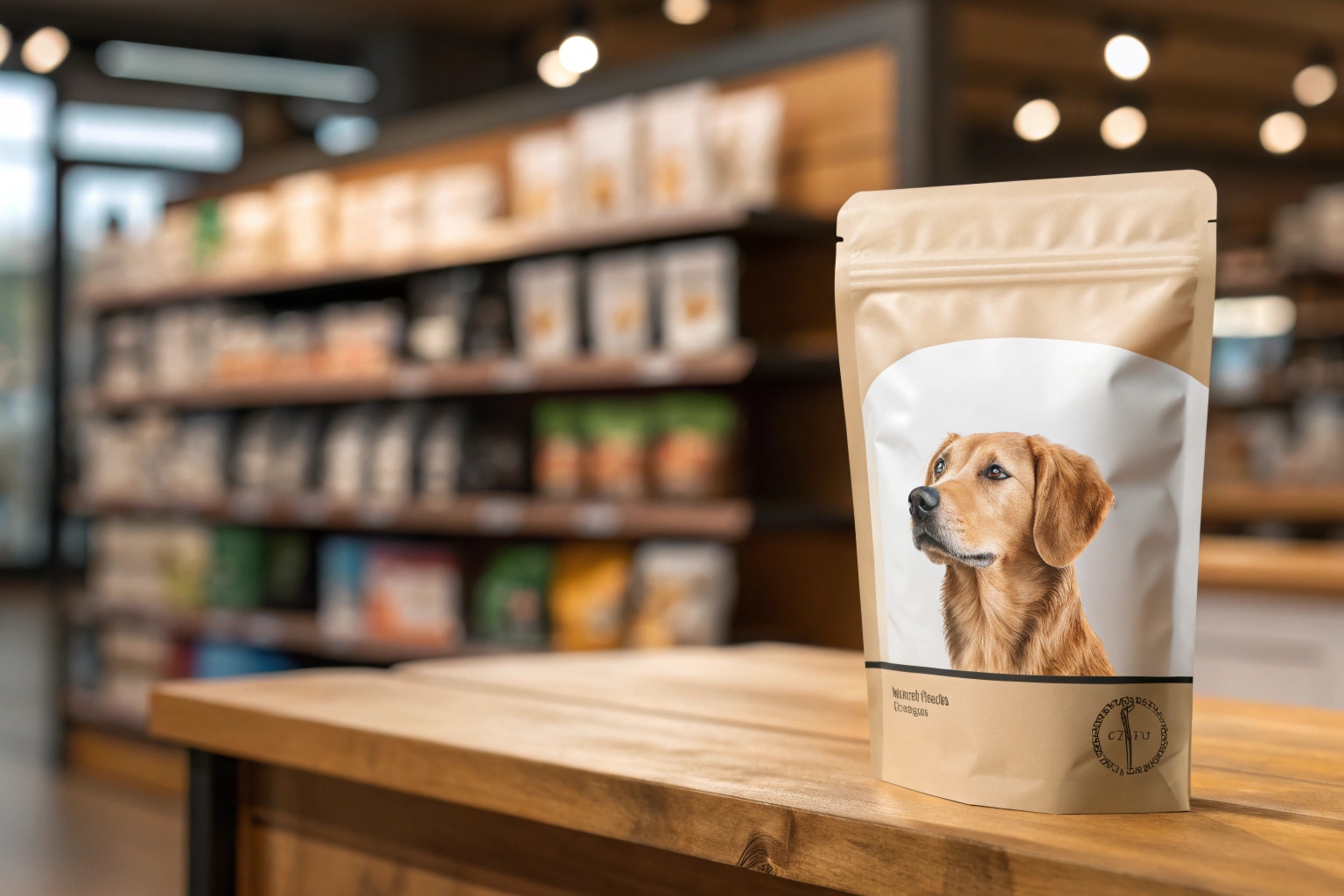 Matte stand-up pouch with dog image on wooden counter in pet store.