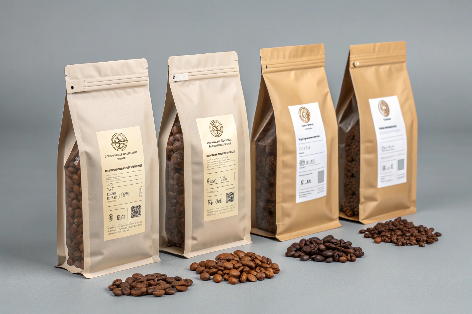 Four kraft paper coffee pouches with different roast levels and label designs on grey background.