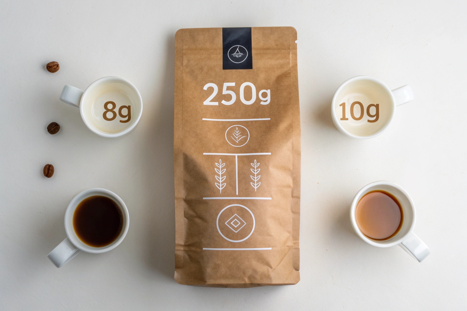 Brown kraft coffee pouch labeled 250g surrounded by cups showing coffee portion sizes.