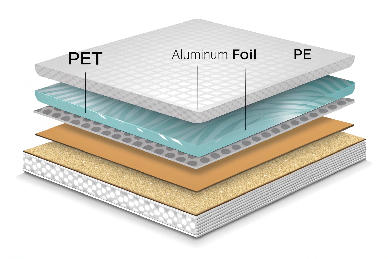 Cross-section diagram showing PET, aluminum foil, and PE layers in flexible packaging material.