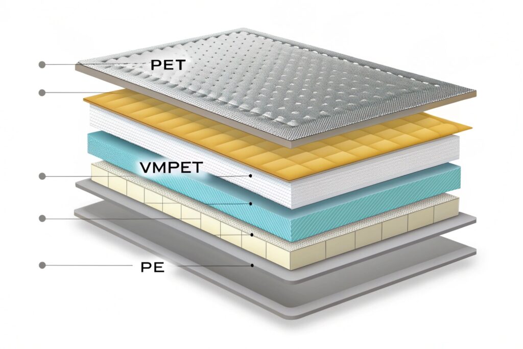 Cross-section illustration showing multilayer flexible packaging structure with PET, VMPET, and PE layers.