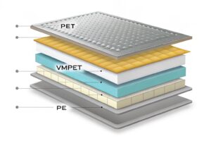 Cross-section illustration showing multilayer flexible packaging structure with PET, VMPET, and PE layers.