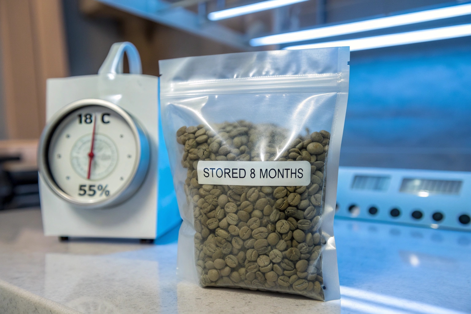 Transparent pouch of green coffee beans labeled “Stored 8 Months” beside a hygrometer showing 18°C and 55% humidity.