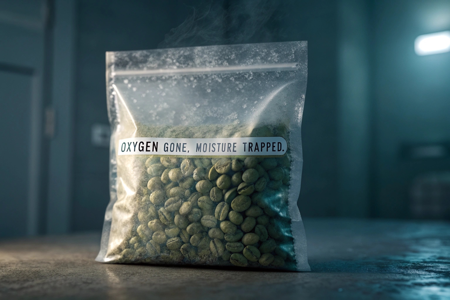Vacuum-sealed pouch filled with green coffee beans, labeled for oxygen and moisture control.
