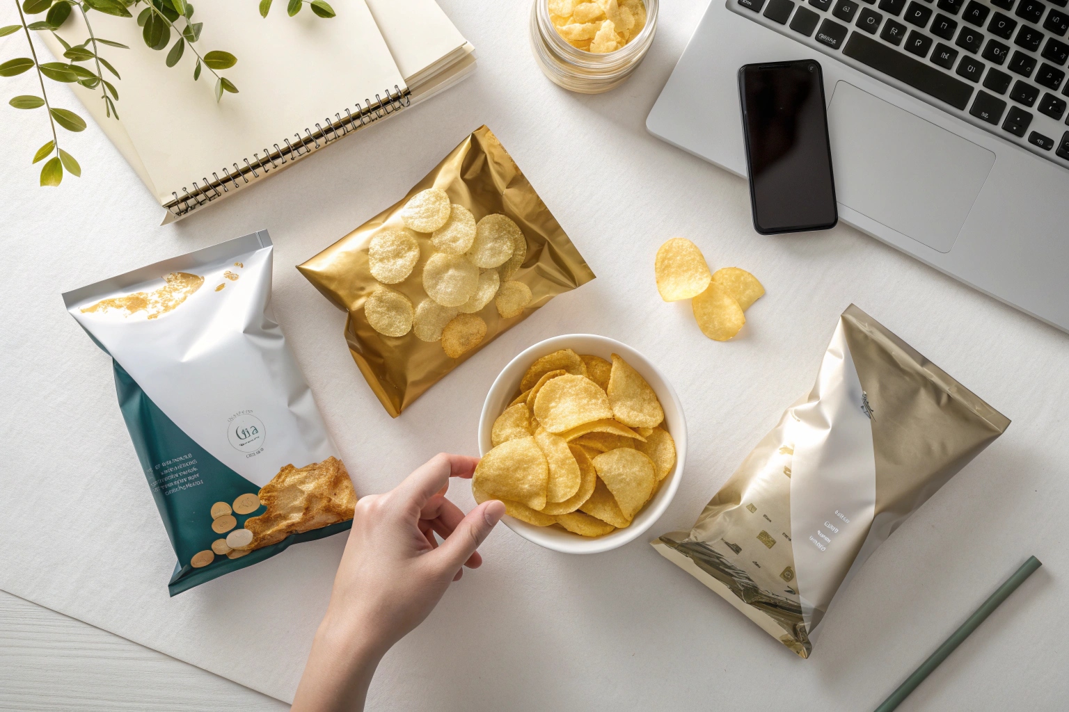Assorted potato chips in metallic snack bags with a bowl on a desk next to laptop and phone.