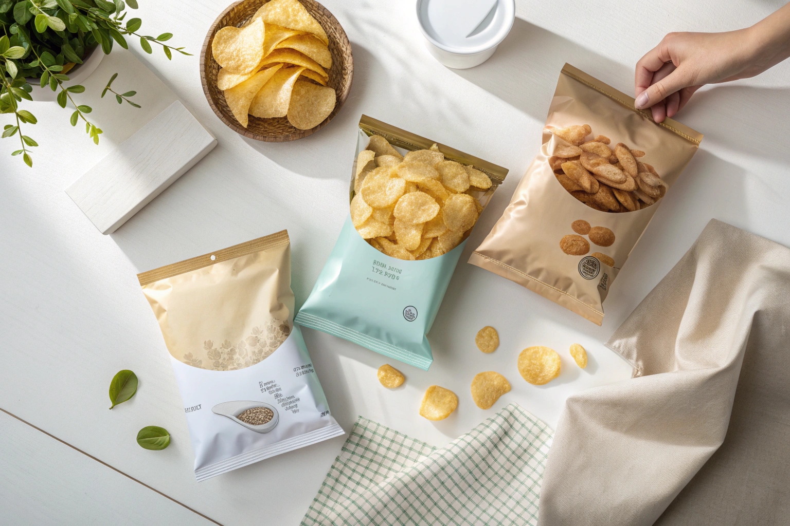 Variety of potato chip packaging bags in soft pastel and gold tones on a white table with chips scattered.