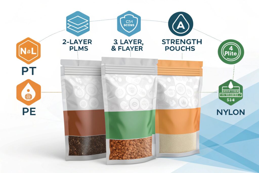 Three stand-up pouches showing 2-layer, 3-layer, and 4-layer flexible packaging film materials.