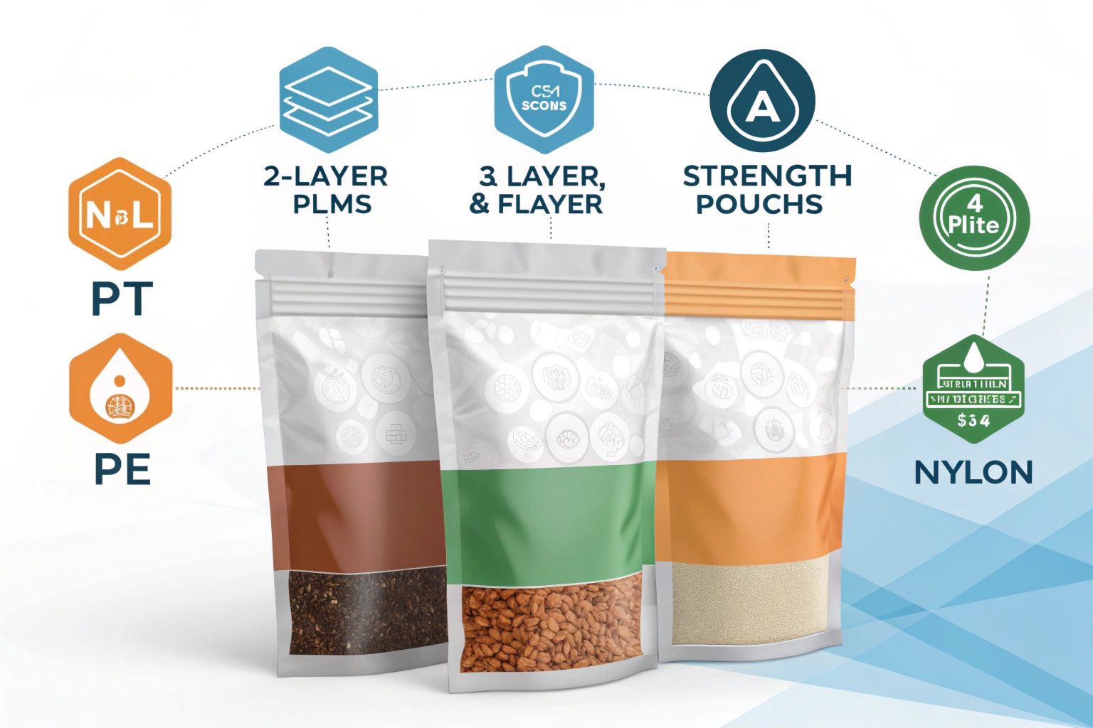 Three stand-up pouches showing 2-layer, 3-layer, and 4-layer flexible packaging film materials.