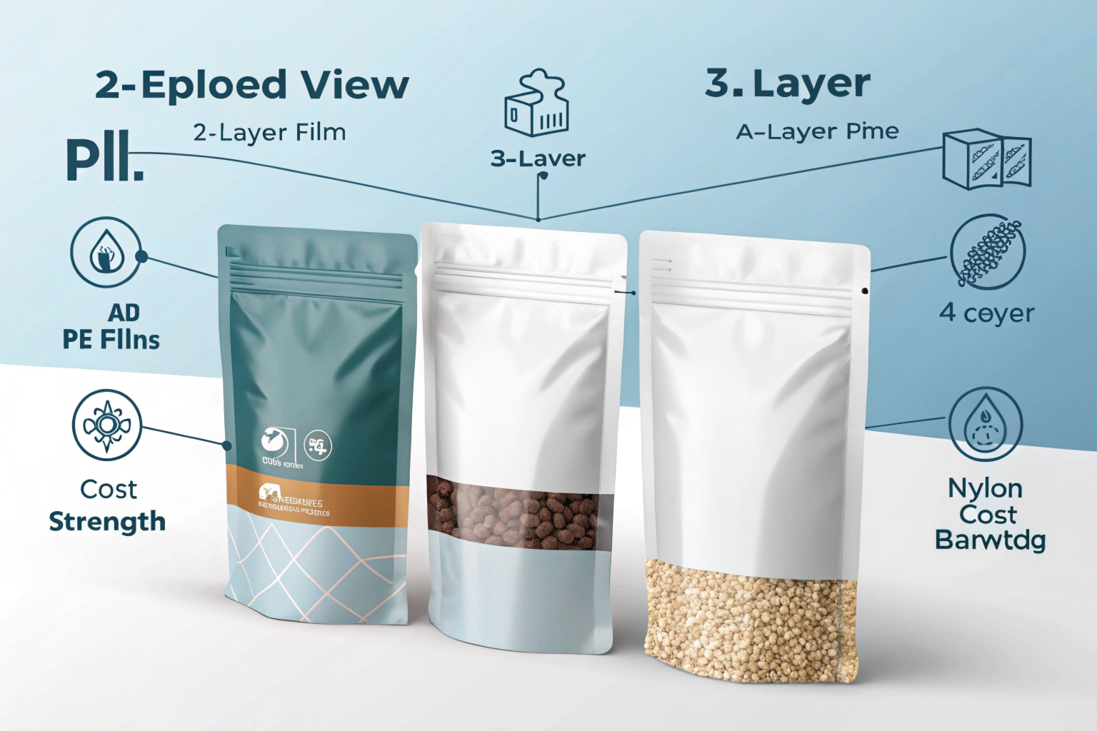 Stand-up pouches with labeled multilayer film structures for packaging strength and barrier protection.