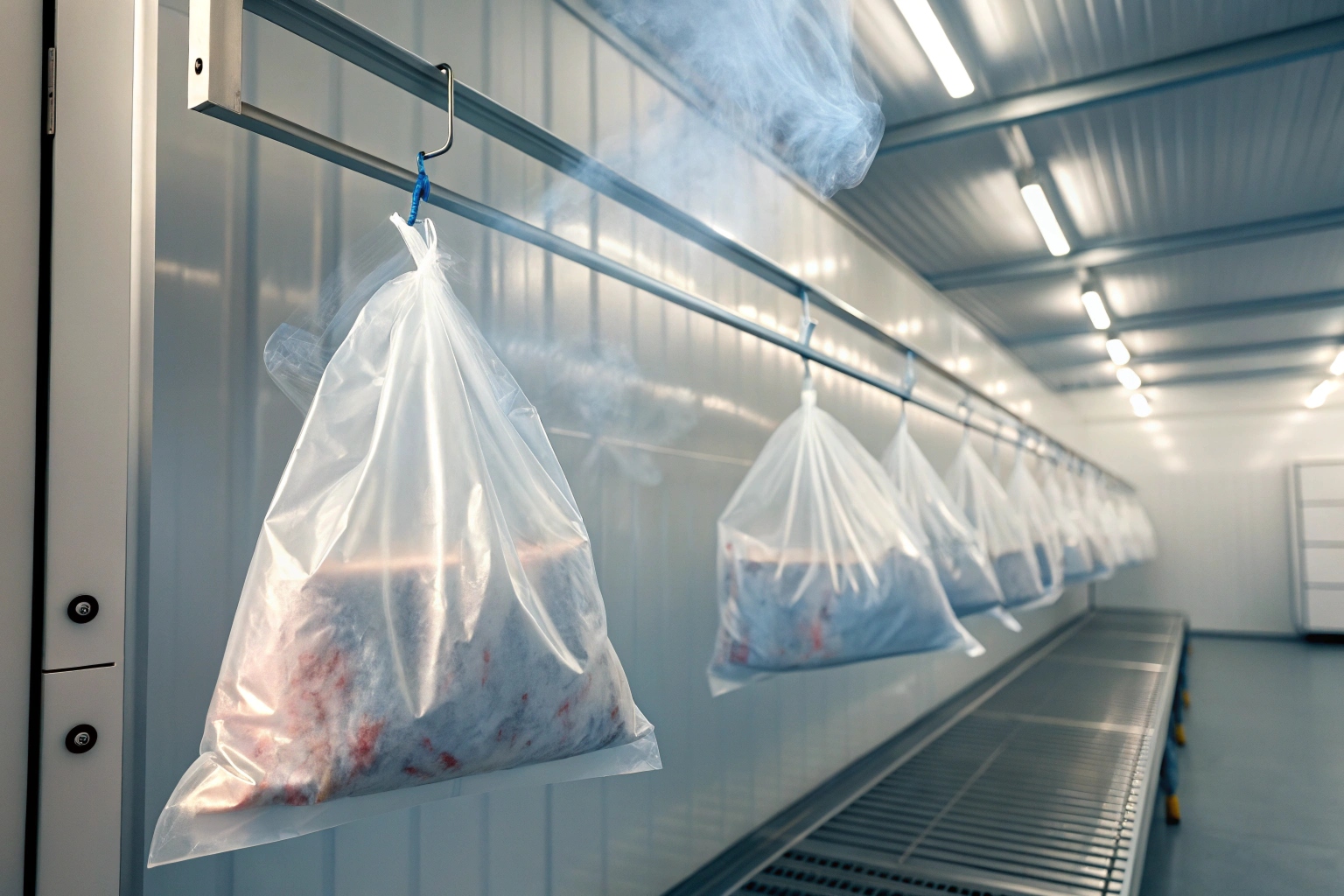 Plastic bags filled with meat hanging on hooks in a cold storage room with metal walls and smoke.