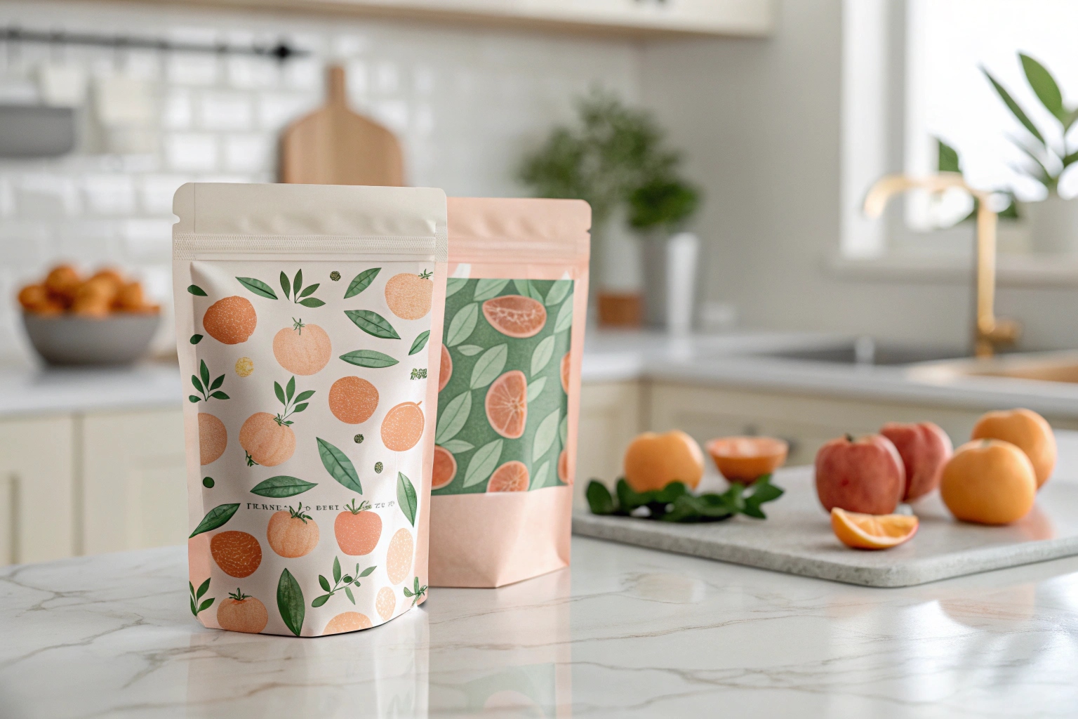 Fruit-themed stand-up pouches with orange and peach illustrations on kitchen counter.