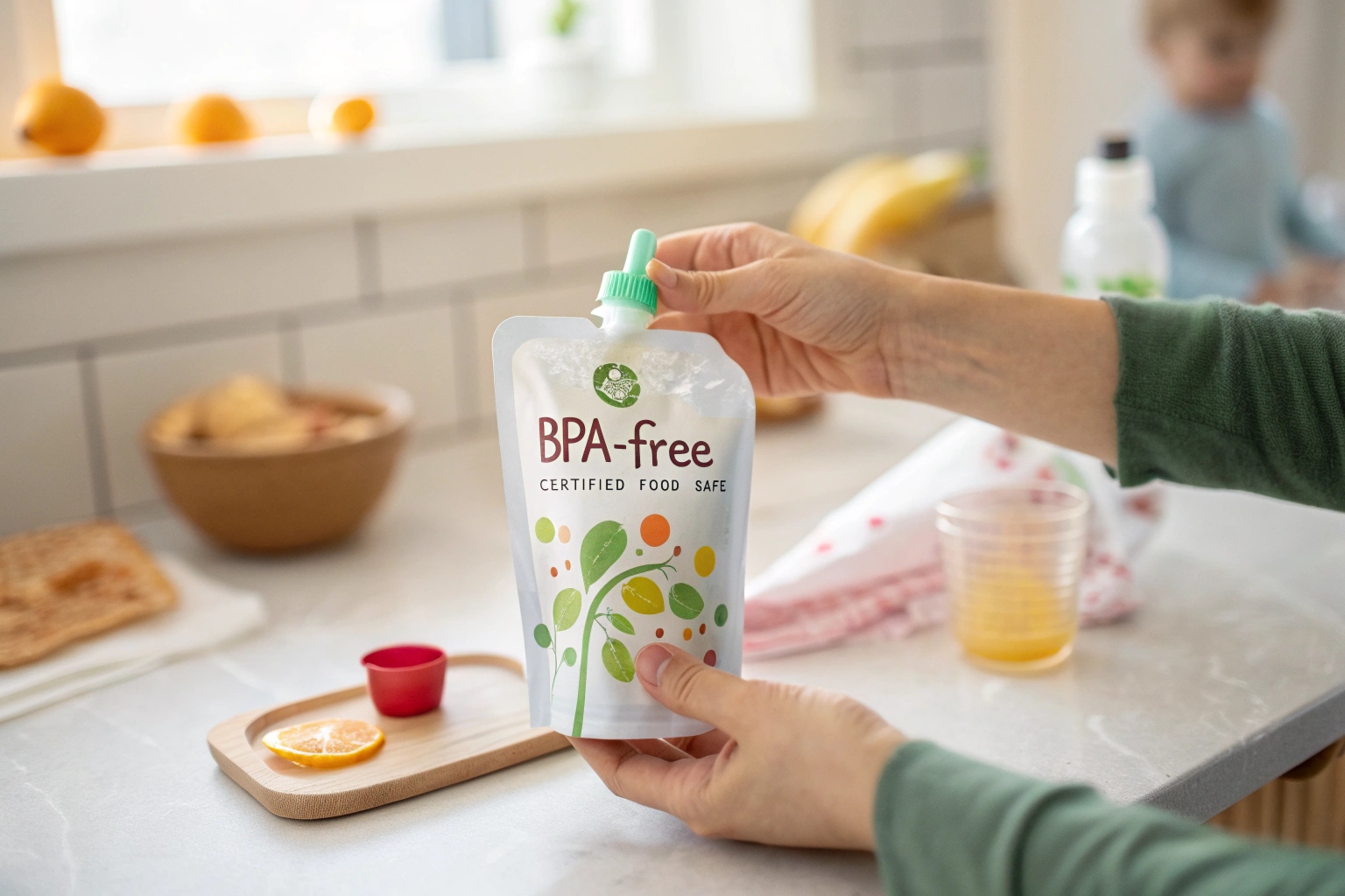Hands holding BPA-free spouted pouch with food-safe label in home kitchen.