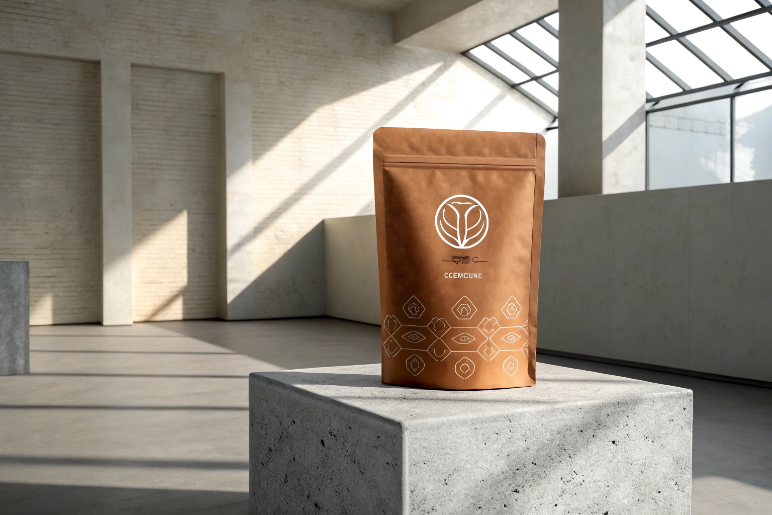 Modern brown coffee pouch with white geometric design displayed on concrete block in minimalist interior.