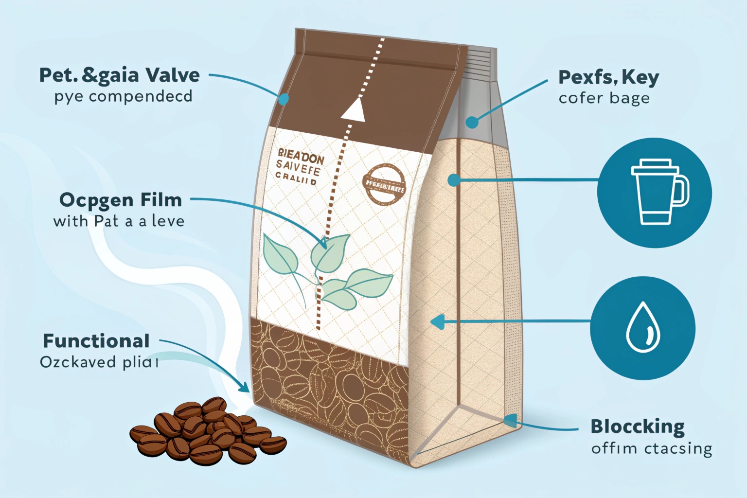 Illustrated coffee pouch showing labeled structure layers and features with coffee beans.