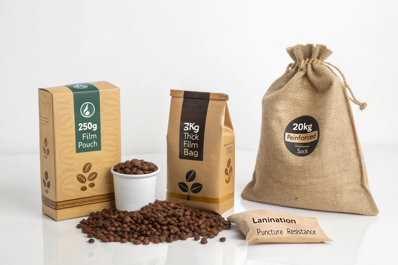 Various coffee packaging types including film pouch, thick film bag, and burlap sack with beans.Title: