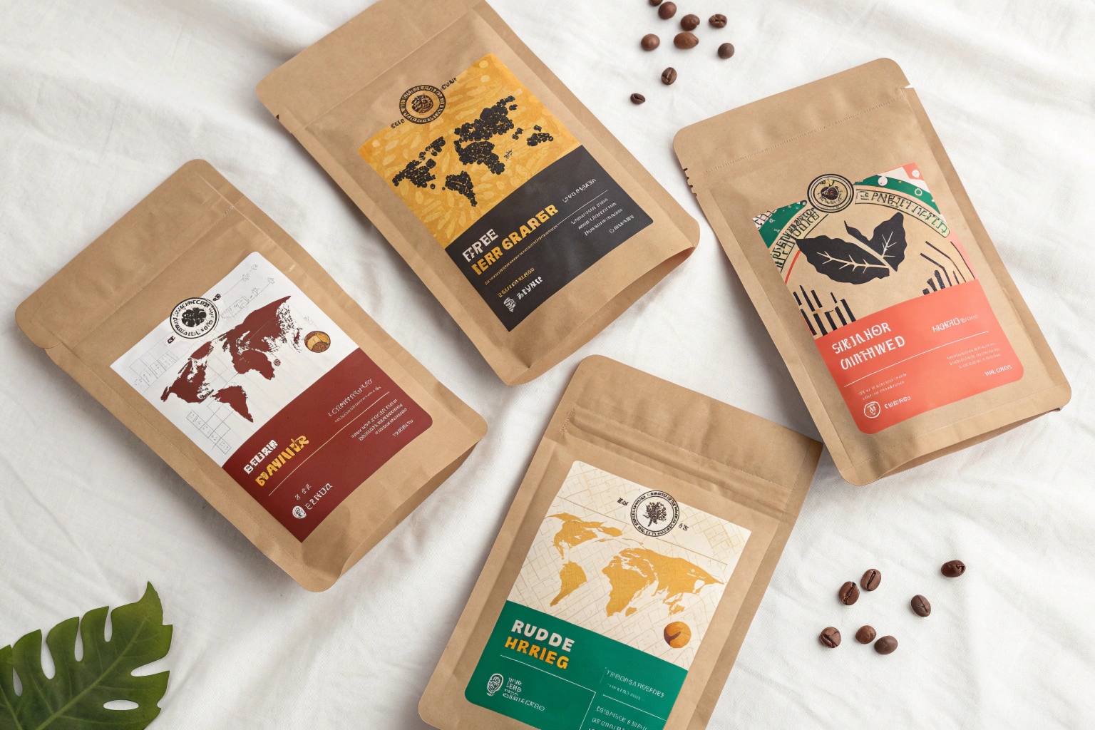 Four kraft paper coffee pouches with colorful world map labels arranged on white fabric.