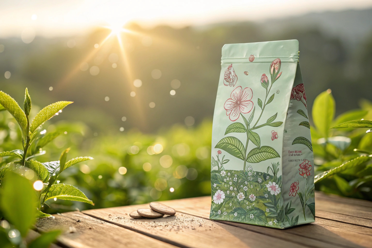 Floral printed tea pouch on wooden table in sunlit green tea field.