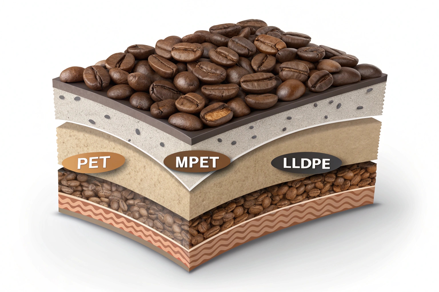 Cross-section of coffee packaging layers labeled PET, MPET, and LLDPE with coffee beans.