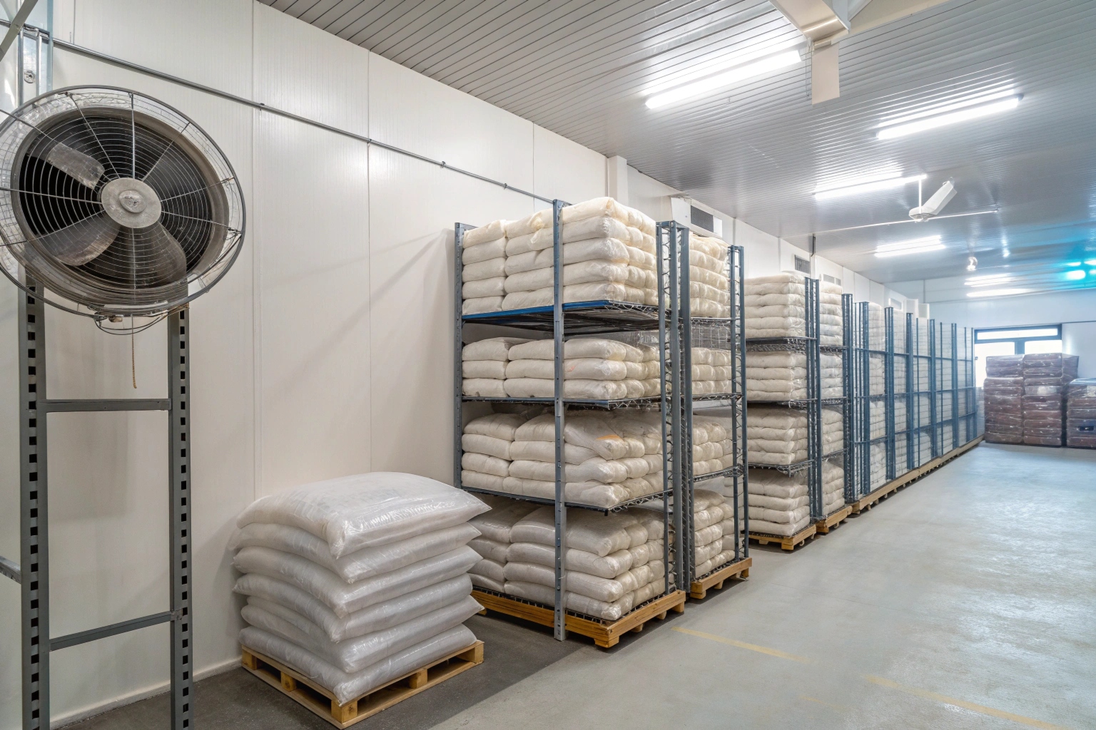 Clean warehouse with stacked plastic-wrapped bags on metal racks and pallets, organized for storage.