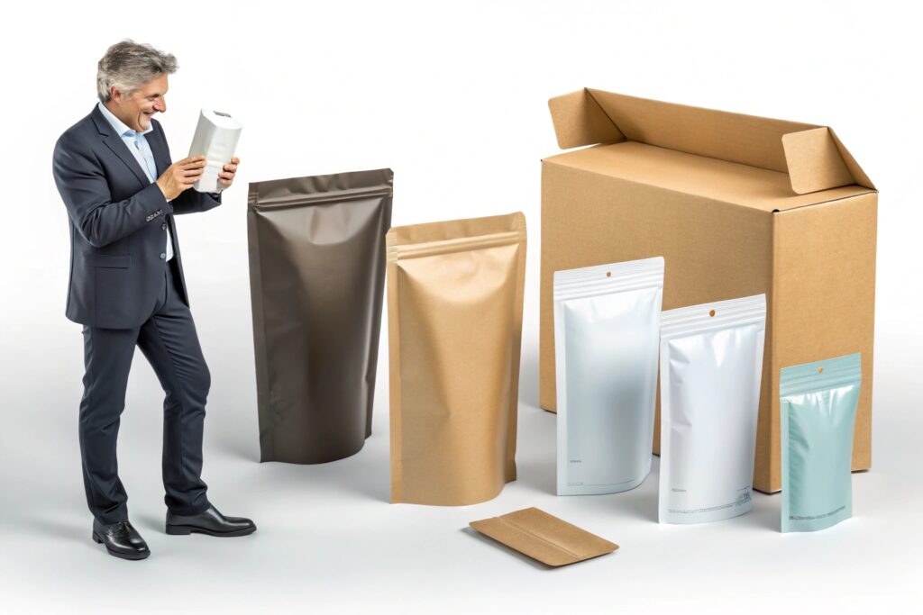 Businessman examining flexible packaging pouches in various colors and sizes next to cardboard box.