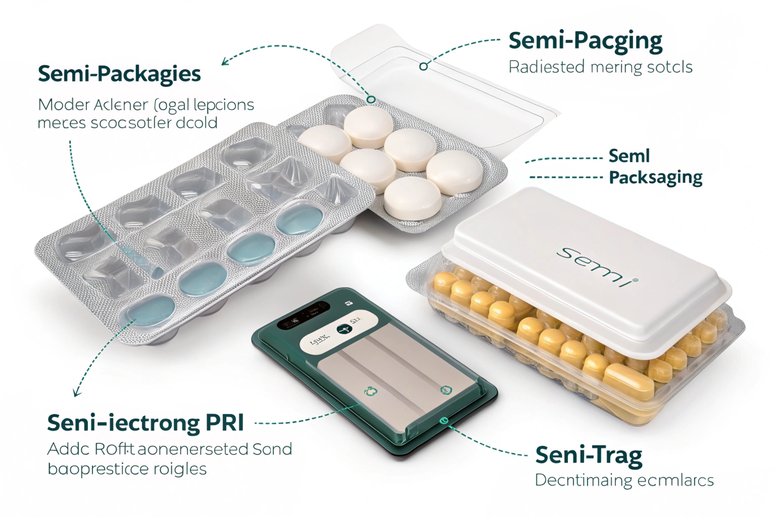 Assorted blister and clamshell packaging with mock labels and electronic device in medical-style layout.