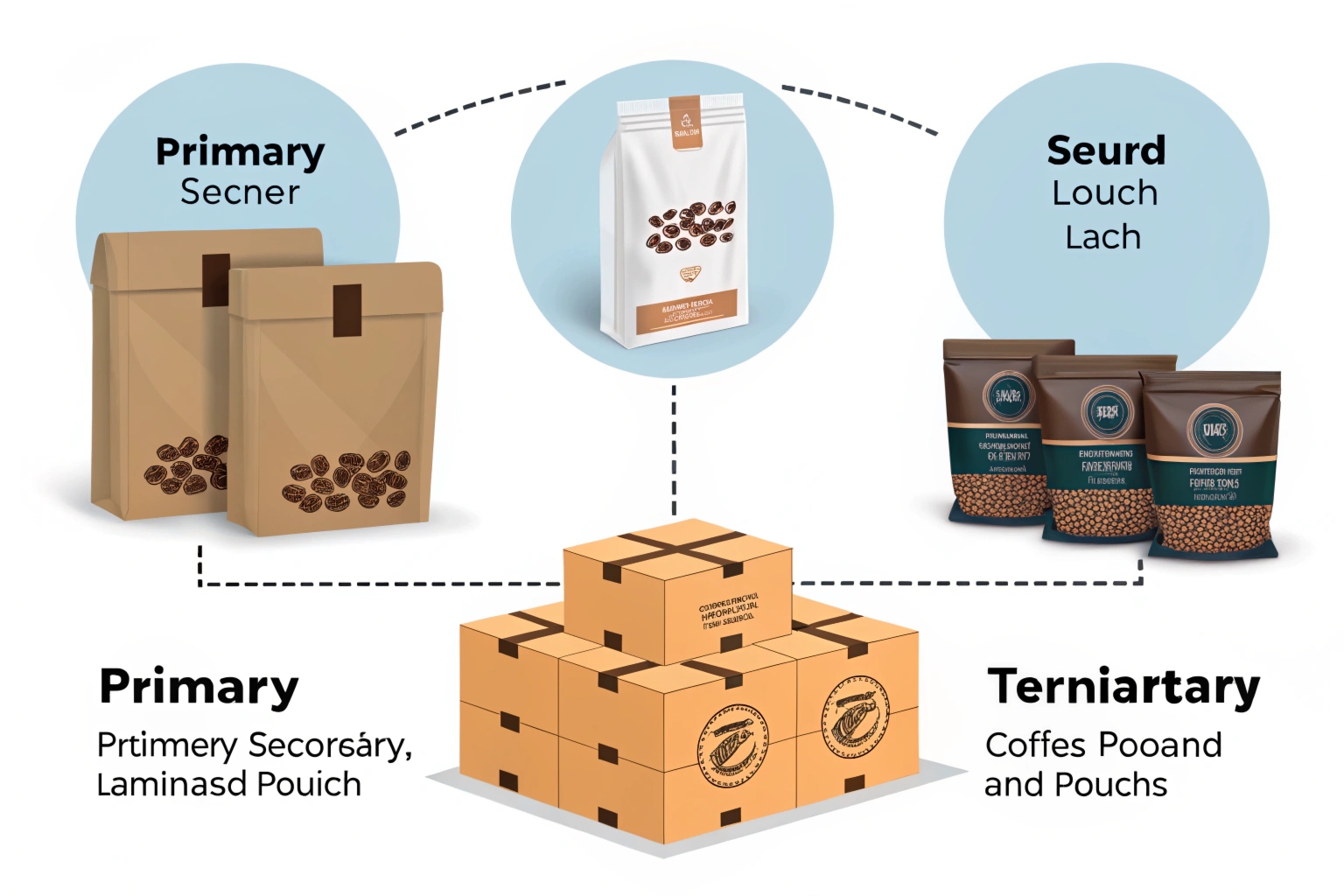 Illustration of coffee packaging hierarchy including primary, secondary, and tertiary pouch types with labels.